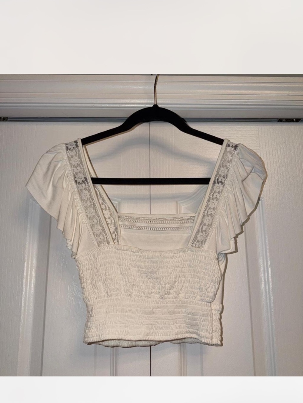 Forever 21 White Lace-Trim Smocked Crop Top